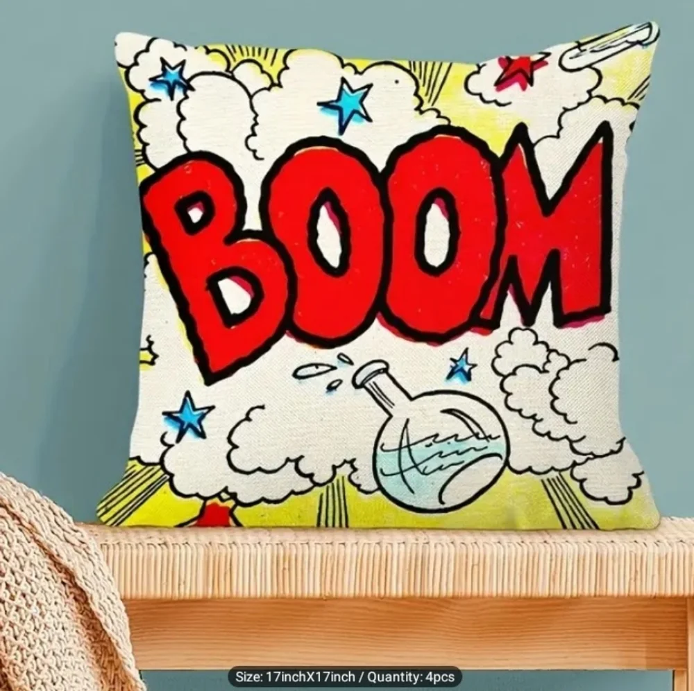 New Home Deco Linen Blend Set of 4 Cartoon Art Fun Retro Pillowcases - Picture 2 of 7